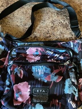 E.T.A. Floral Crossbody Bag in Black with Pink & Blue Flowers